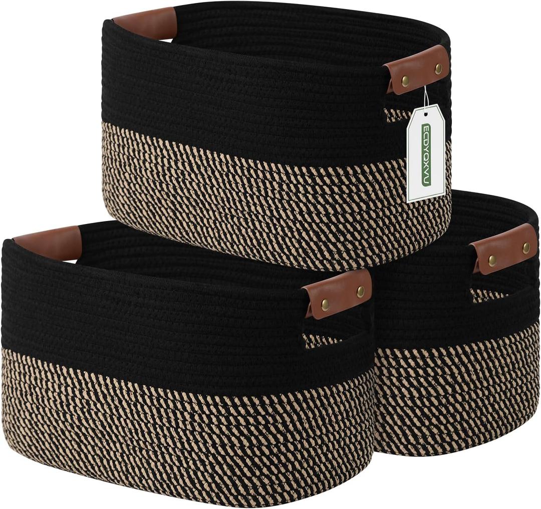 ECDYQXVU Cotton Rope Basket, Storage Baskets with Handle, 15x10x9 Inch Woven Basket for Shelves, Laundry, Towels, Clothes, Books, (Black Brown 3 Pack)