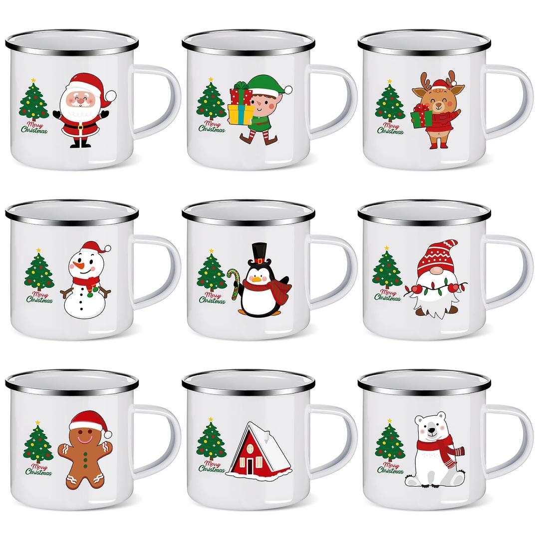 NatNarr Christmas Enamel Mug Set of 9, 12 oz Hot Cocoa Mini Coffee Mugs Bulk, Novelty Holiday Set, Stocking Stuffer Gift for Kids, Women, Friends, Coworkers, Family