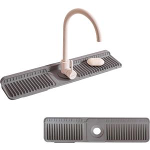 Faucet Mat for Kitchen Sink, 24"X5.5" Silicone Sink Splash Guard with Soap Holder, Snap-On Design & 7slope Fast Drain, Folding Sink Faucet Mat for Universal Kitchen Bathroom SinkGrey (Gray)