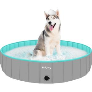 Foldable Dog Pool for Large Dogs, Hard Plastic Kiddie Pool for Dogs, 63" Collapsible Dog Pool with Rigid PP Core, Non-Slip PVC, Durable Pet Bath Tub for Indoor/Outdoor Backyard, Grey