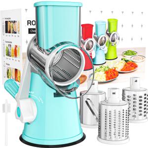Cambom Rotary Cheese Grater Hand Crank Cheese Shredder for Fresh Cheese, Vegetable, Nuts,Non-slip Suction Base, Free Cleaning Brush Three Blades, Blue