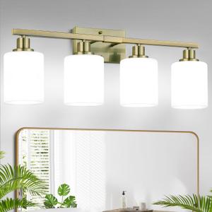 4-Light Bathroom Light Fixtures, Aged Brass Vanity Light with Milky White Shades, Bathroom Lighting Fixtures Over Mirror, Modern Bathroom Wall Lamp for Mirror Living Room Cabinet Bedroom