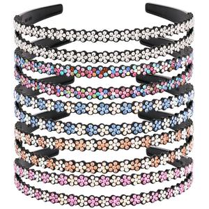 5 Pack Rhinestone Wavy Fashion Nonslip Double Rows Bling Crystal Beaded Headband with Teeth Plastic Flower Hair Hoop Hair Accessories for Women Girls Rainbow