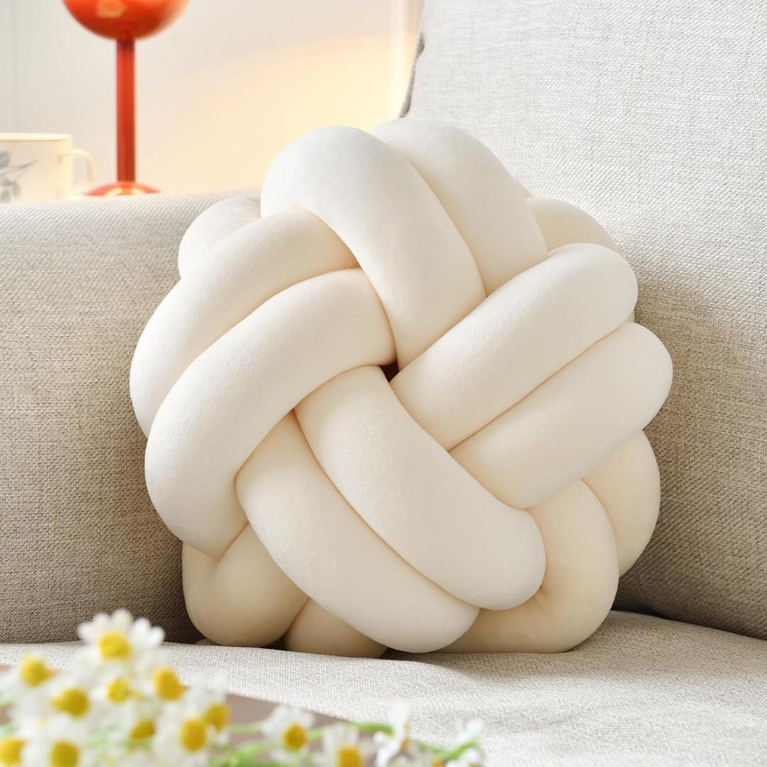 Knot Ball Pillow, Round Decorative Throw Pillows Cushion, 8 Inch Beige Soft Plush Knotted Pillows Pillow, Modern Home Throw Knot Decorative Cushion