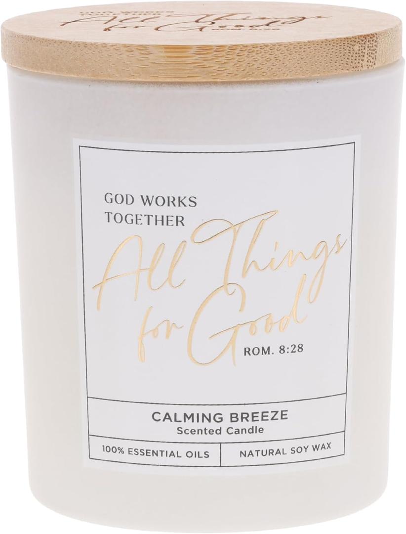 Christian Art Gifts Natural Soy Wax Inspirational Scripture Scented Candle: All Things for Good Bible Verse, Glass Jar, Bamboo Lid, Pure Essential Oils, Lead-Free Cotton Wick, Calming Breeze Scent