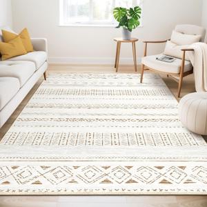 Large Living Room Area Rug 6x9: Soft Machine Washable Boho Moroccan Farmhouse Rugs for Bedroom Under Dining Table - Non-Slip Neutral Morden Indoor Floor Carpet for Home Office - Brown/ Cream