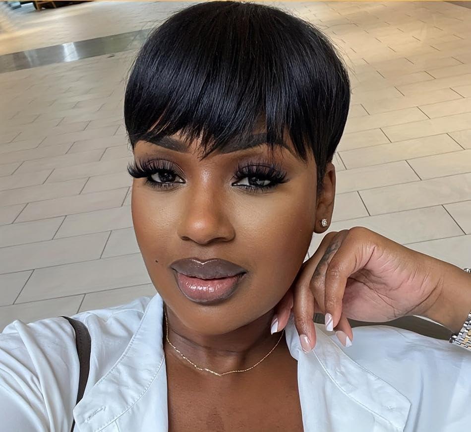 Pixie Cut Wig for Black Women Human Hair Short Human Hair Wigs Mommy Hair None Lace Front Wig 180% Density Short Layered Wigs with Bangs for Daily Wear Natural Color (1B)