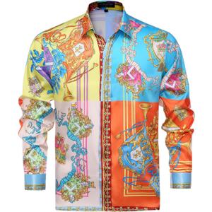 Mens Luxury Brand Print Silk Satin Design Button Down Dress Shirt (XL)