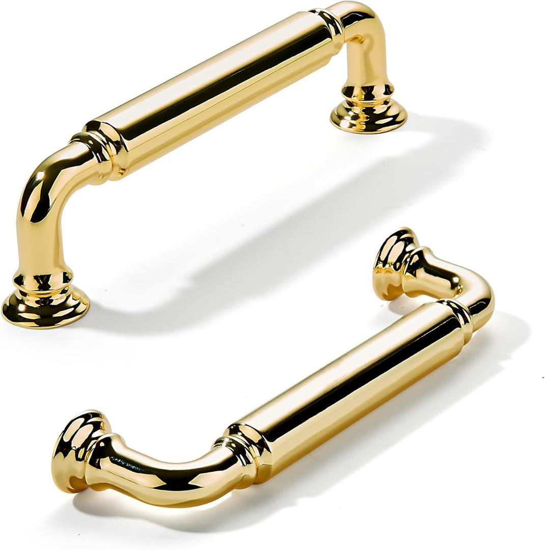 khtumeware 10-Pack Polished Brass Heavy-Duty Solid Cabinet Pulls, 3-3/4 Inch (96mm) Hole Center,Polished Gold Drawer Pulls, Cabinet Hardware, Suitable for Kitchen Cabinets, Bathrooms and Dressers