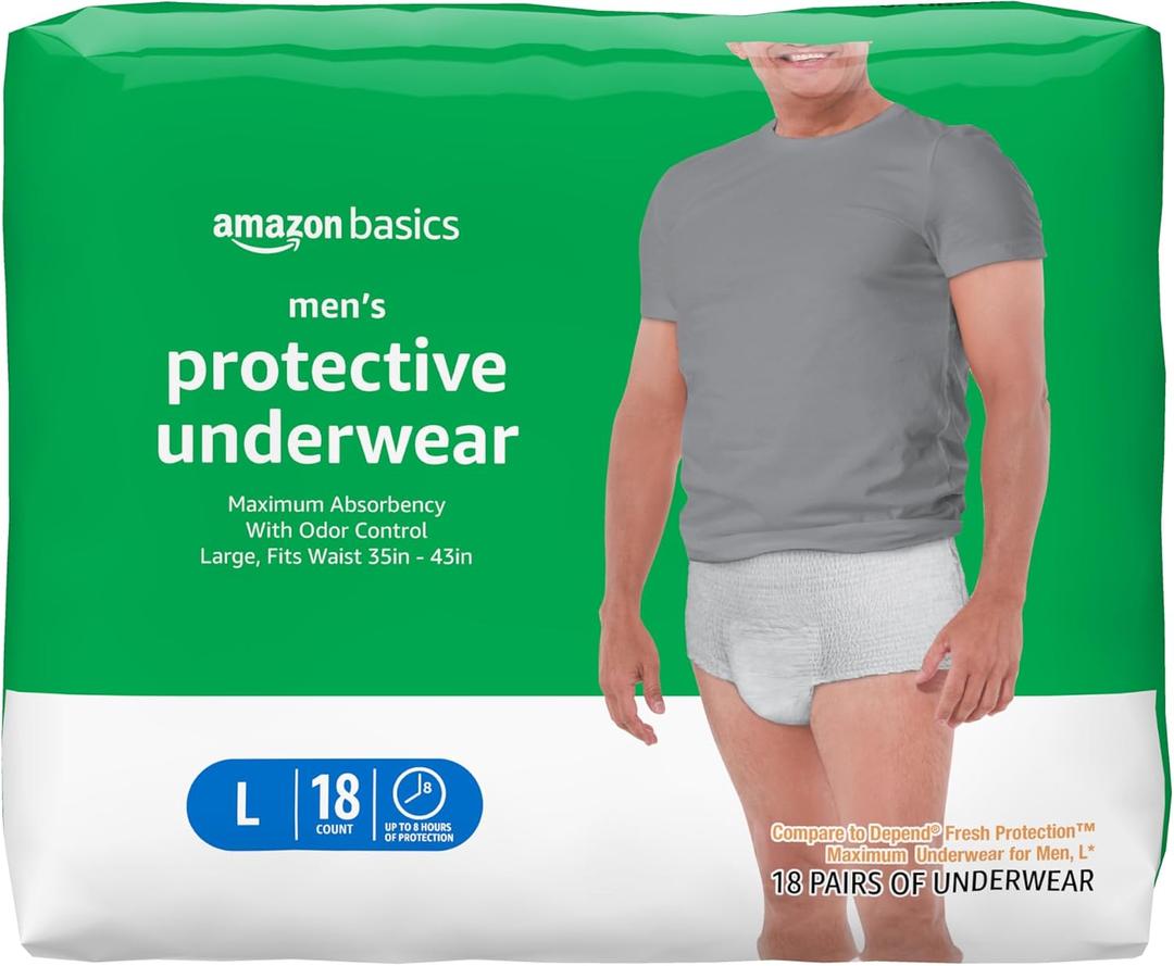 Amazon Basics Maximum Absorbency Incontinence Underwear for Men with Leak Protection, Advanced Odor Protection, Soft Cotton Feel, Large, 18 Count
