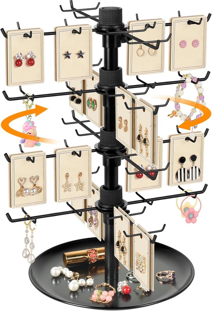 4-Tier Rotating Jewelry Display Stand with 80 Hooks, Earring Display for Vendors Large Capacity Jewelry Rack Keychain Display Necklace Bracelet Holder for Retail-Black