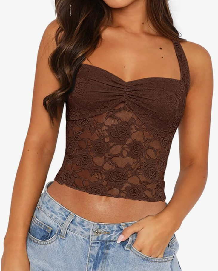 REORIA Lace Tops for Women Halter Sexy Going Out Tank Crop Y2K Fashion Top 2025 Trendy,Brown, XXL