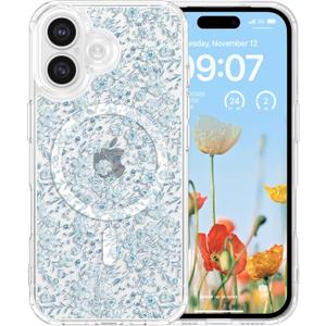 RALEAVO for iPhone 17 Case Compatible with MagSafe Clear Floral Pattern Design Cute for Girls Women Slim Magnetic Hard Back Shockproof Phone Case for iPhone 17,Blue Flowers