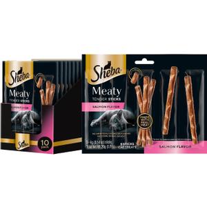 Sheba Meaty Tender Sticks Chicken Cat Treats, Salmon Flavor, Cat Snacks, 0.14 oz., 5 Count, Pack of 10 (50 Sticks Total) Best By 07/23/27