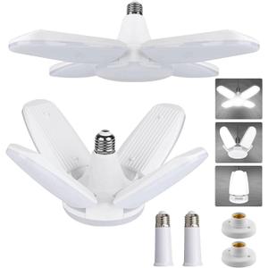 Yiliaw LED Garage Light, 2 Pack 60W LED Shop Lights with 4 Adjustable Panels, Screw in Garage Light Bulbs 6500K 8000LM Daylight Deformable Lighting Fixture for Basement, Warehouse, Workshop