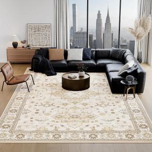 Large Rugs for Living Room, 8x10 Beige Washable Rug for Bedroom, Soft Boho Indoor Carpets, Big Modern Kids Room Rug, Non-Slip Low Pile Mat for Office Home Dining Room Christmas Decor,Beige/Gold