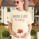 FASHGL Thanksgiving Pregnancy Shirt Women Funny Roasting a Little Turkey T-Shirt Cute Pregnancy Announcement Tee Tops