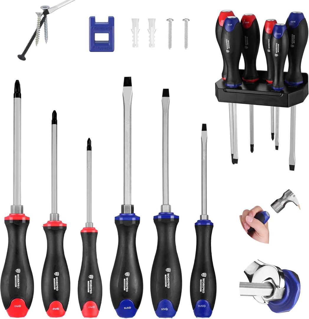 WORKPRO Magnetic Screwdriver Set 12-Piece, Go-Thru Screw Driver Set Kit with Wall Mount Rack, Includes Slotted & Phillips Screwdrivers, Magnetic Screwdriver with Magnetizer Demagnetizer Tools