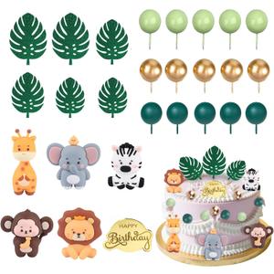 27PCS Safari Animal Cake Topper, Plam Leaves Balls Cake Decorations Birthday Cake for Wild Theme Birthday Decorations Supplies