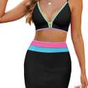 ZAFUL Women's High Waisted Bikini Sets Tummy Control Swim Skirt Color Block String Swimsuit Curvy Bathing Suits, Size S (Black)