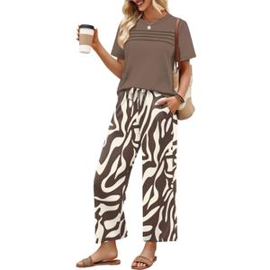 WIHOLL Two Piece Sets for Women Summer Spring Outfits Travel Airport Beach Vacation Clothes Wide Leg Pants Lounge Sets L