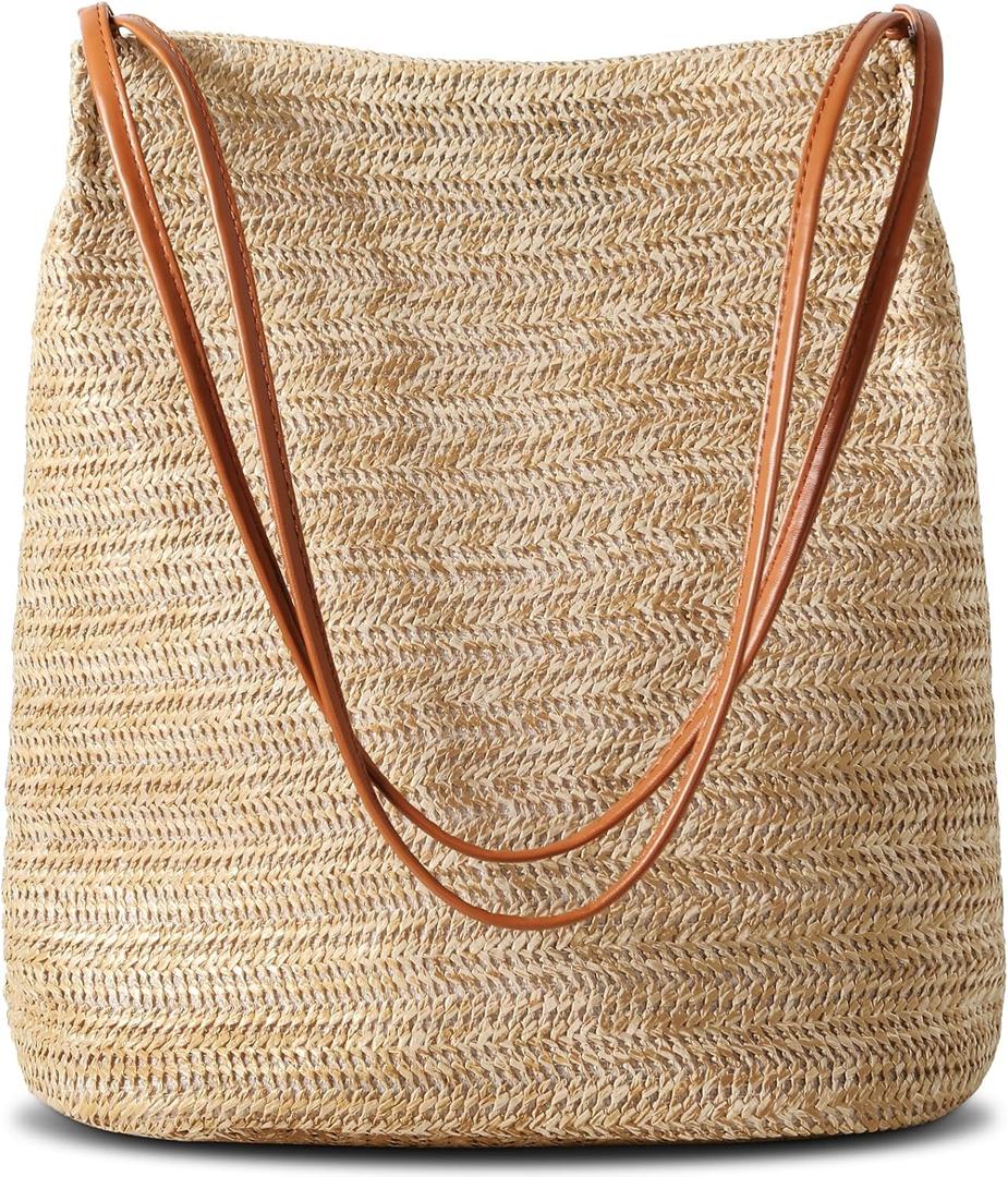 Tavaleu Straw Beach Bags for Women, Tote Handbag Shoulder Bag for Women, Beach Straw Purse Buckets Summer Fashion Hobo Bags (Khaki)