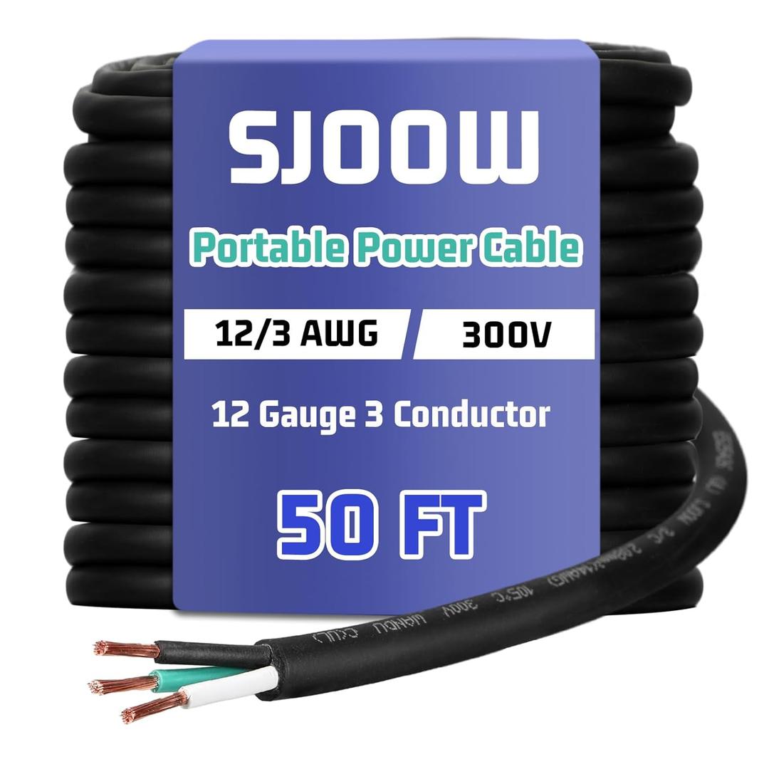Copkim 12/3 AWG 50 FT Portable Power Cable SJOOW 300V Electrical Wire Pure Copper Heavy Duty Rubber Outdoor Extension Cord for Motor Machinery Marines Automotive