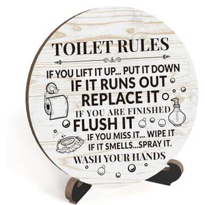 Zmyollo Rustic Bathroom Decor, Funny Round Sign With Stand, Toilet Rules for Shelf, Farmhouse Quote for Restroom Washroom Home Decor Gifts, A01 (White1)