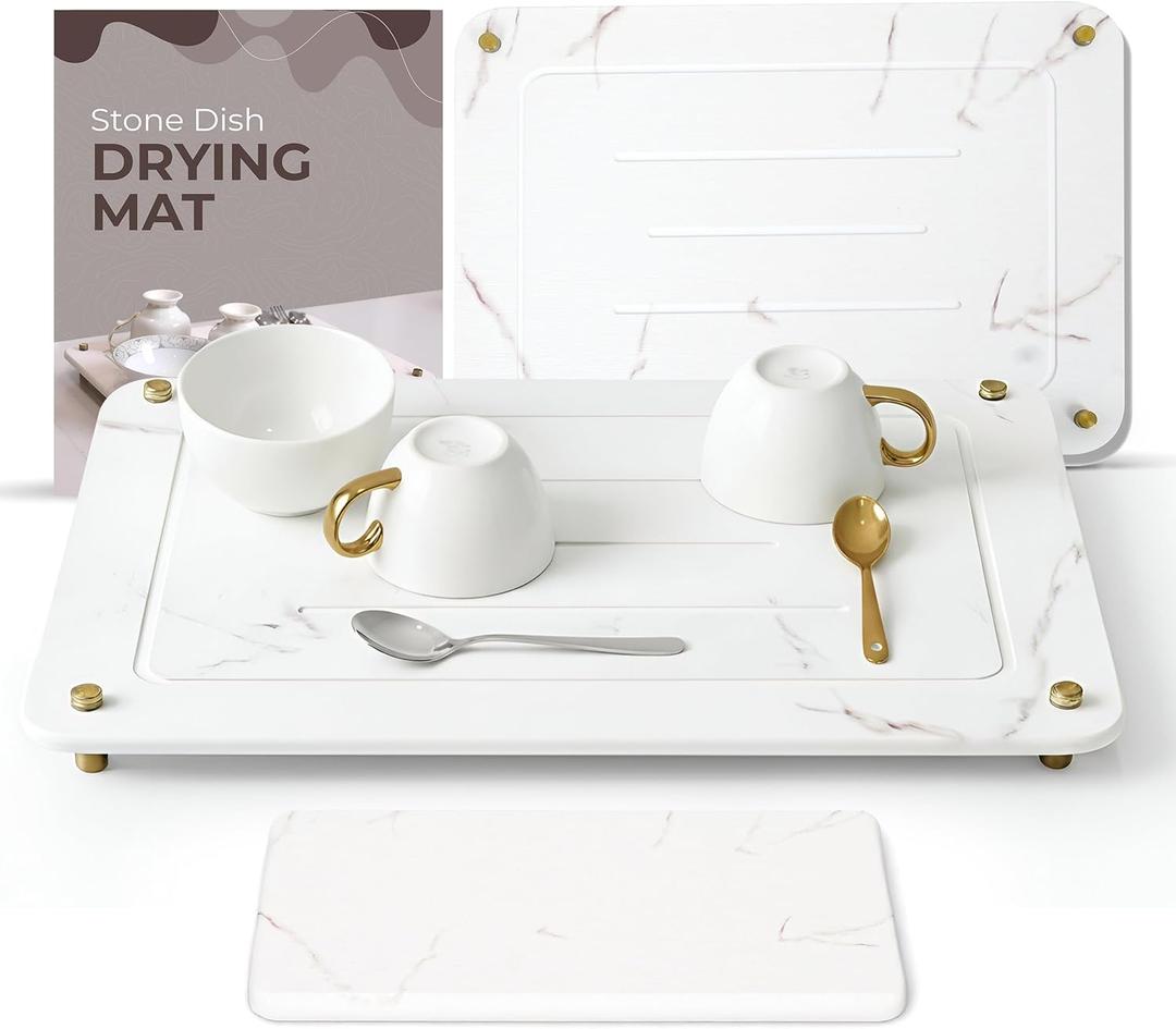 Stone Drying Mat for Kitchen Counter + Sink Caddy | 15.7"x11.8" Diatomaceous Earth Drying Mat with Stainless Steel Feet | Heat Resistant to 450F | Eco-Friendly & Multipurpose Drying Mat (White)