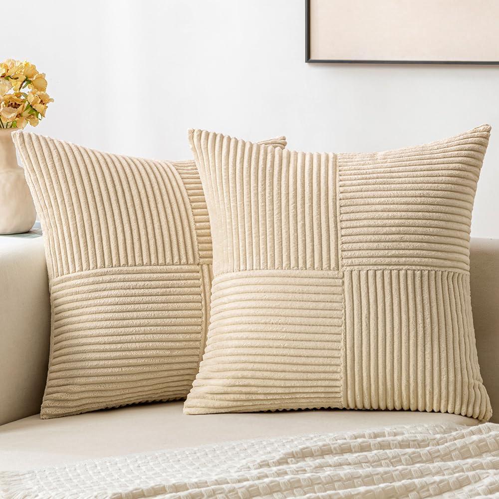 MIULEE Cream Corduroy Pillow Covers Pack of 2 Boho Decorative Spliced Throw Pillow Covers Soft Solid Couch Pillowcases Cross Patchwork Textured Cushion Covers for Living Room Bed Sofa 18x18 inch