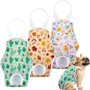 3 Pack Washable Female Dog Diapers Sanitary Pantie with Adjustable Suspender, Reusable Doggy Diapers Super Absorbent Leakproof for Dog in Heat(L, Plant)