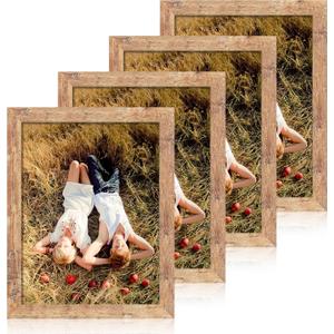 iRahmen 8.5x11 Picture Frame Set of 4, High Definition Real Glass Rustic Brown Frame, Wood Photo Frames 8.5 by 11 Diploma Document for Wall Hanging and Tabletop Display