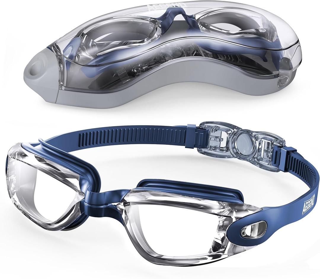 Aegend Swim Goggles, Swimming Goggles No Leaking Full Protection Adult Men Women Youth (Black Clear With Blue Strap)