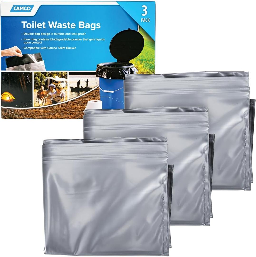 Camco Toilet Waste Bags - Durable Double Bag Design is Leak-Proof - Inner Bag Gels Any Liquid - Great for Camping, Hiking and Hunting and More - 3 Pack (41547)