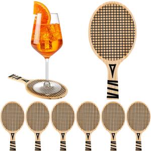 Hushee 6 Pack Tennis Drink Coasters Wood Coasters Set Paddle Shape with Handle Funny Gift for Women Men Sports Lovers Fans Tennis Party Favors Decorations Supplies