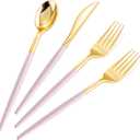 SUT 160Pcs Pink and Gold Plastic Silverware, Heavy Duty Plastic Silverware, Valentines Plastic Utensils, 80 Plastic Forks, 40 Knives, 40 Spoons, Disposable Cutlery for Parties, Valentines(Pink Gold)