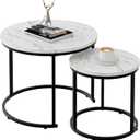 aboxoo Round Nesting Coffee Table Side Table Set of 2 End Tables for Living Room Bedroom Balcony, White Faux Marble Wooden Table Accent Coffee Table with Black Steel Frame