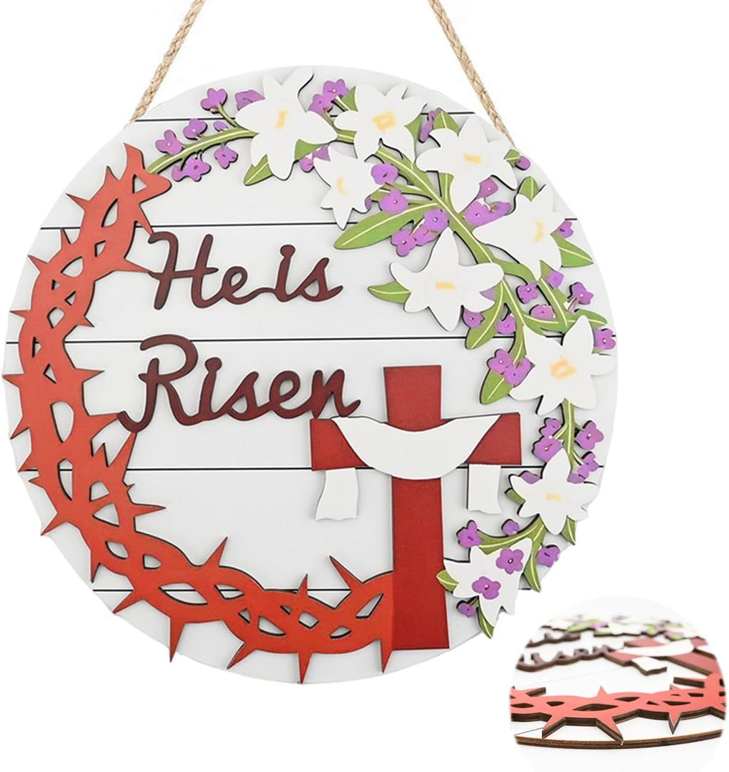 Wooden 3D He is Risen Easter Decor, Easter Door Decorations Religious Christian Welcome Sign for Front Door, Home Spring Wreath & Garland Cross Sign, Wall Hanger