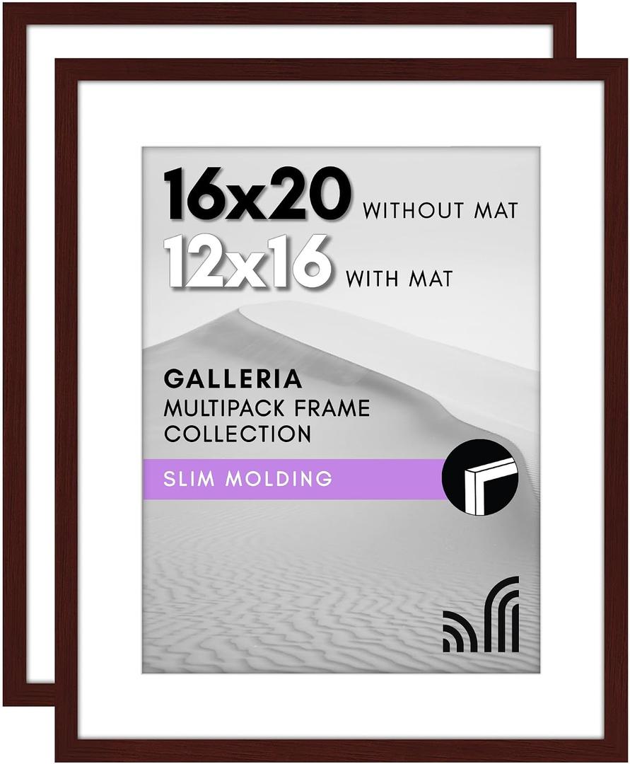 Americanflat 16x20 Picture Frame with Polished Plexiglass - Set of 2 - Use as 12x16 Frame with Mat or Display 16x20 Photo Without Mat - Galleria Collection - Picture Frames for Wall Display - Mahogany