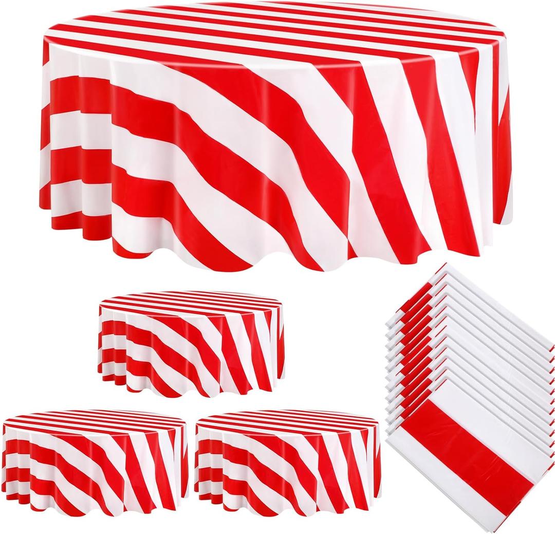 Tatuo 6 Pcs Red and White Round Circus Table Cloth 84 Inch Carnival Circus Tablecloths Striped Disposable Plastic Table Cover for Birthday Party Fiesta Theme Decorations Supplies