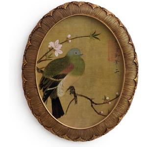 Zelvix Vintage Wall Art Framed Artwork, Embossed Resin Antique Decor with Floral and Bird Art, 8x10 Oval Picture Frame, Oil Vintage Painting Reproduction for Room, Gallery and Living Room (Yellow)