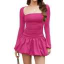 NJWS Women Bubble Mini Dress Long Sleeve Square Neck Backless Puffy Skirt Dress Short Formal Dresses Size S