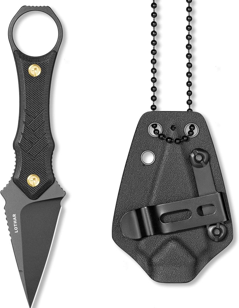 LOTHAR PORCUPINE Small Fixed Blade Knife, 2.46" 14C28N Neck Knife, EDC Knife with G10 Handle and Kydex Sheath, Knife Necklace Horizontal Carry Knife, Survival Knife for Men Women (black)