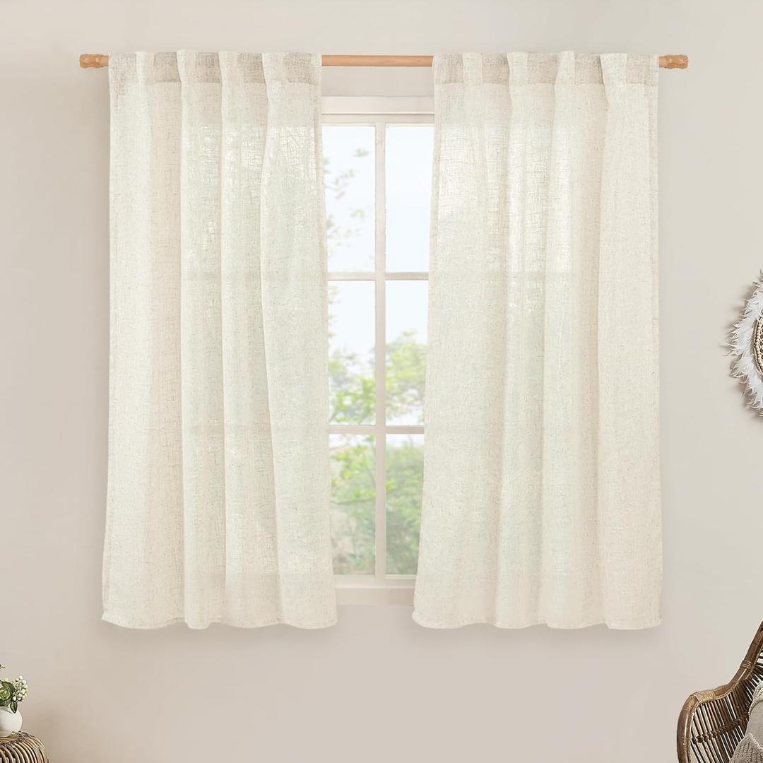 LAMIT Natural Linen Semi Sheer Curtains 45 Inch, Light Filtering Neutral Window Curtains for Bedroom Farmhouse Boho Back Tab and Rod Pocket Panels, Natural Cream Ivory, 2 Panels, 38 x 45 Inch