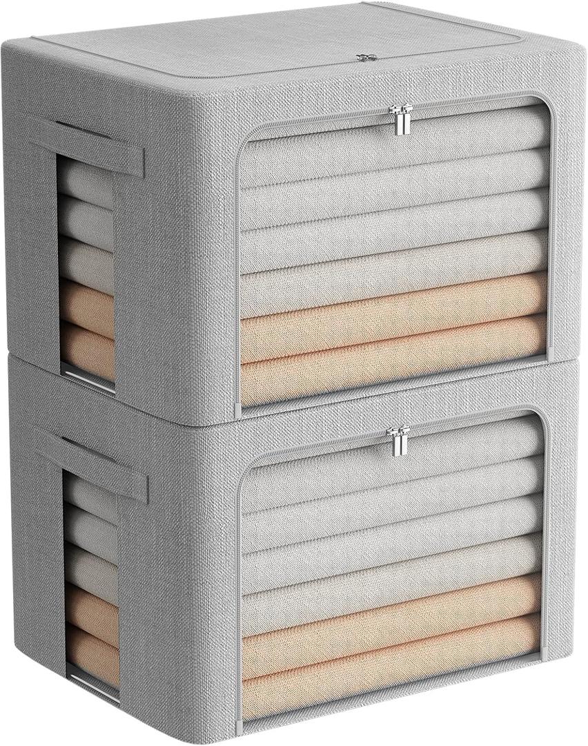 2 Pack Clothes Storage Bins Stackable Metal Frame Storage Box Large Capacity Foldable Linen Fabric Box Organizer with Carrying Handles and Clear Window(Light Gray, 23.6X 16.5X 15.7 Inch) (23.6X 16.5X 15.7 Inch, Light Gray)