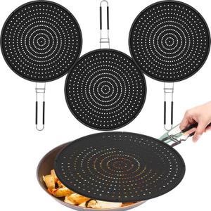 Tioncy 3 Pcs Silicone Splatter Screen for Frying Pan Grease Oil Splatter Collapsible Splash Guard Heat Resistant Multi Use for Baking and Cooking(Black)