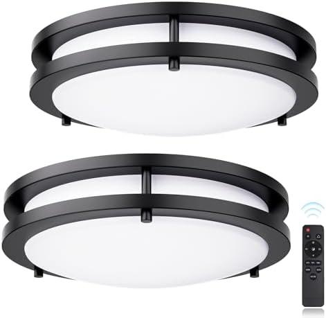 Flush Mount Ceiling Light with Remote: 2 Pack 13 Inch Lights fixture, 3000K-4500K-6000K Adjustable 3 Color Temperature, Dimmable Lighting Fixtures for Kitchen Bedroom Hardwired Installation (Black)