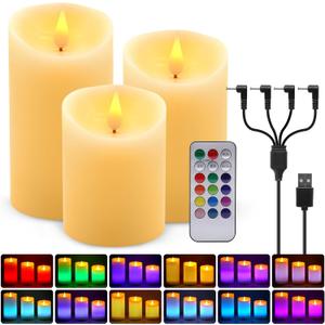 ALED LIGHT Rechargeable Candles Flickering with Remote,Flameless Candles Built-in Rechargeable Battery,RGB&Warm White Real Wax LED Candles for Home Decoration,Christmas,Party