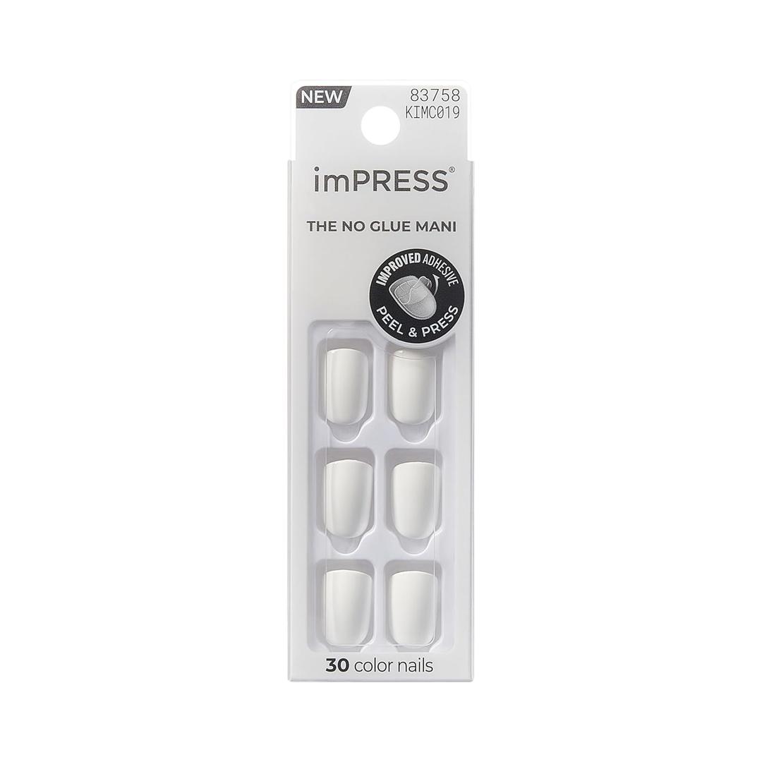 Kiss Impress No Glue Mani Press On Nails, Color, 'Frosting', White, Short Size, Squoval Shape, Includes 30 Nails, Prep Pad, Instructions Sheet, 1 Manicure Stick, 1 Mini File
