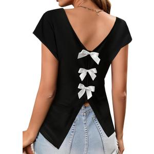 Avanova Women Bow Open Back Backless Tops Cap Short Sleeve V Neck Shirts Summer Casual Black Large (Black, L)